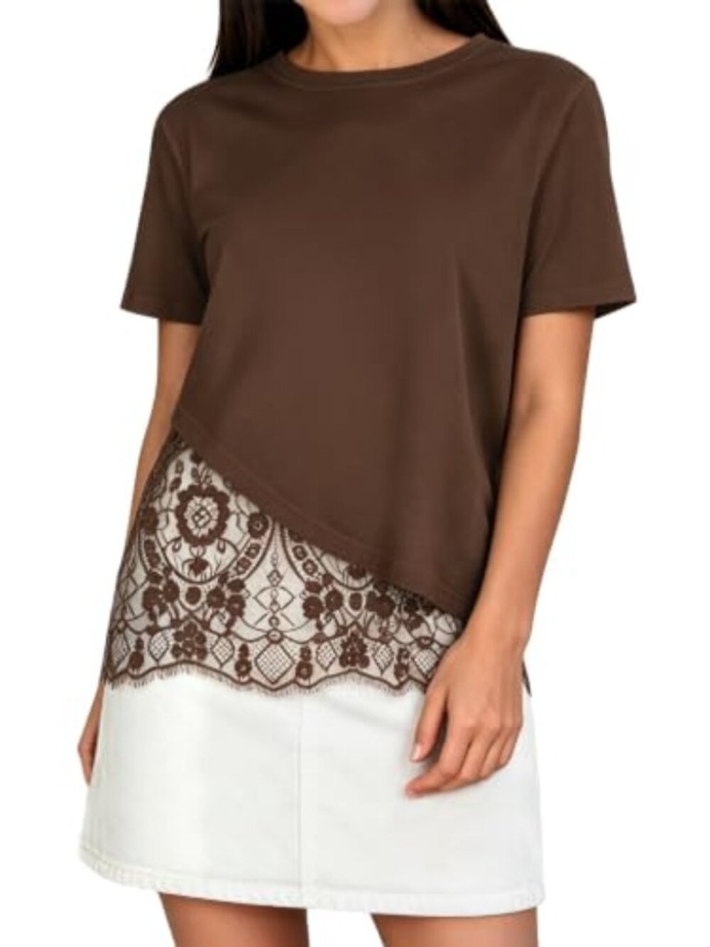 Womens Lace Patchwork Tops Short Sleeve Cotton T Shirts | Crew Neck